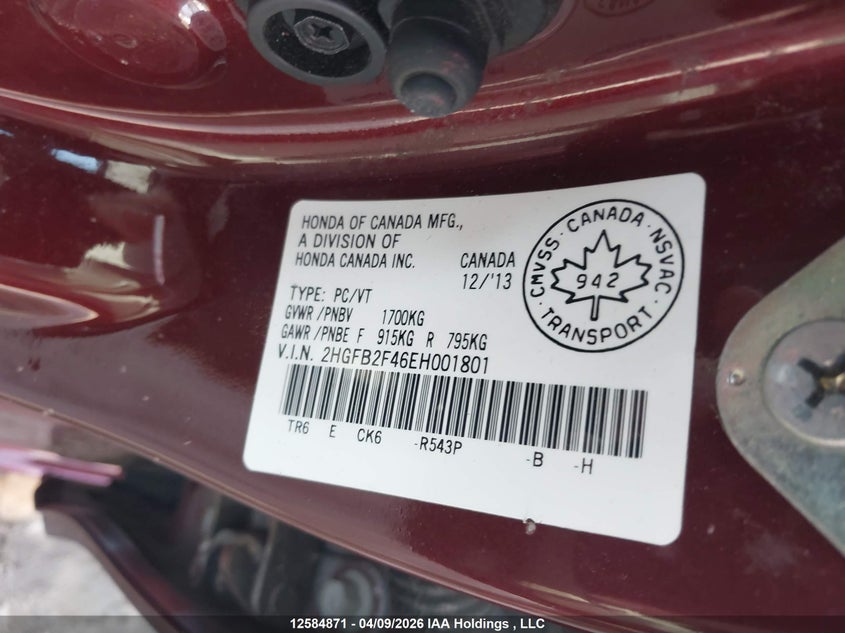 2014 Honda Civic Lx VIN: 2HGFB2F46EH001801 Lot: 12584871