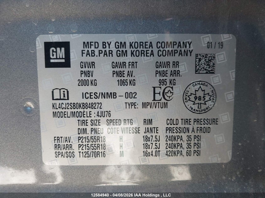 2019 Buick Encore Sport Touring VIN: KL4CJ2SB0KB848272 Lot: 12584940