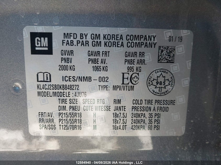 2019 Buick Encore Sport Touring VIN: KL4CJ2SB0KB848272 Lot: 12584940