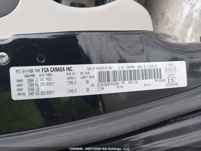 2015 Dodge Grand Caravan Se/Sxt VIN: 2C4RDGBG8FR702600 Lot: 12584945