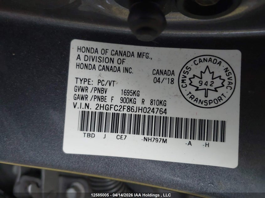 2018 Honda Civic Ex 4Dr VIN: 2HGFC2F86JH024764 Lot: 12585005
