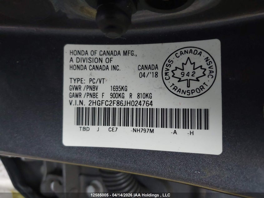 2018 Honda Civic Ex 4Dr VIN: 2HGFC2F86JH024764 Lot: 12585005