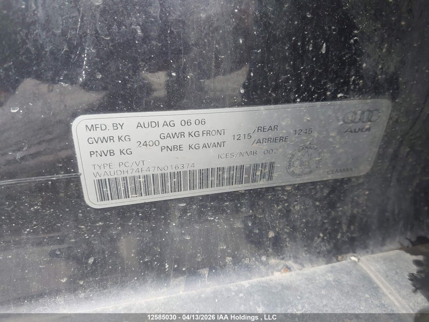2007 Audi A6 3.2 Quattro VIN: WAUDH74F47N016374 Lot: 12585030