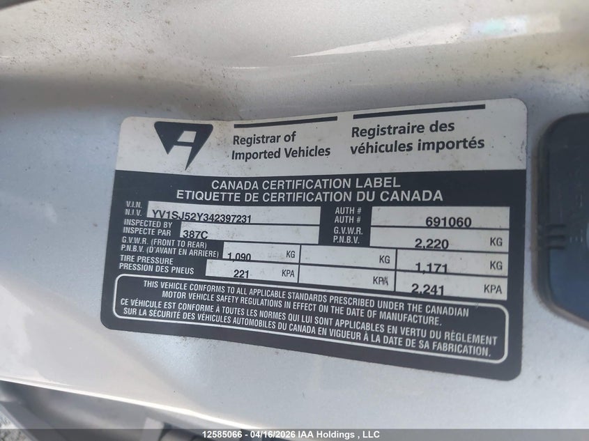 2004 Volvo V70 R/2003 Year VIN: YV1SJ52Y342397231 Lot: 12585066