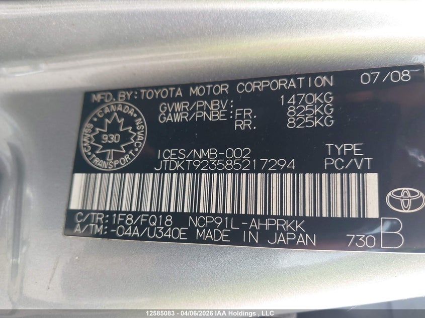 2008 Toyota Yaris VIN: JTDKT923585217294 Lot: 12585083