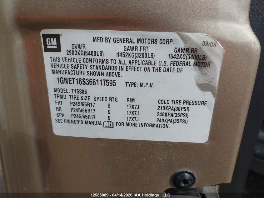 2006 Chevrolet Trailblazer Ext Ls/Ext Lt VIN: 1GNET16S366117595 Lot: 12585089