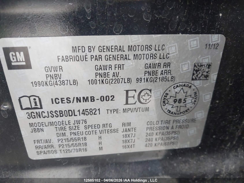 2013 Chevrolet Trax Ltz VIN: 3GNCJSSB0DL145821 Lot: 12585102