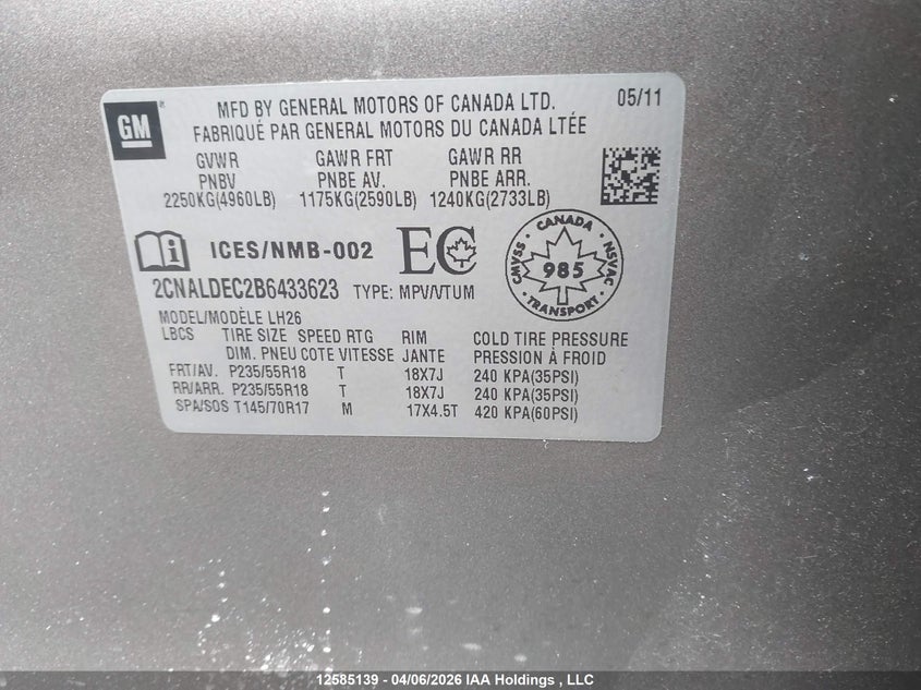 2011 Chevrolet Equinox VIN: 2CNALDEC2B6433623 Lot: 12585139