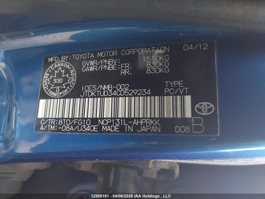 2012 Toyota Yaris VIN: JTDKTUD34CD529234 Lot: 12585181