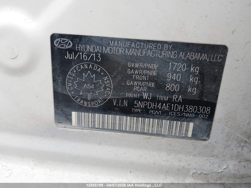 2013 Hyundai Elantra VIN: 5NPDH4AE1DH380308 Lot: 12585199