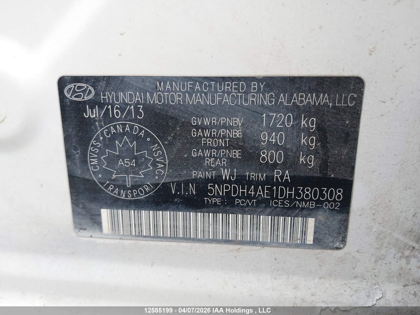 2013 Hyundai Elantra VIN: 5NPDH4AE1DH380308 Lot: 12585199