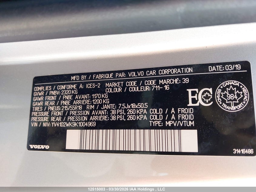 2019 Volvo V60 Cross Country T5 Momentum VIN: YV4102WK9K1004969 Lot: 12515003X