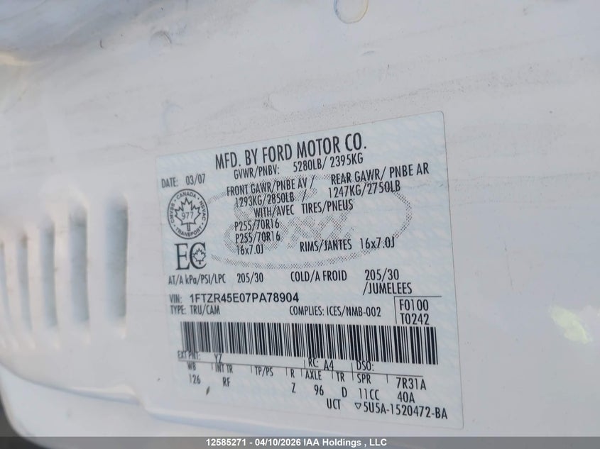 2007 Ford Ranger Super Cab VIN: 1FTZR45E07PA78904 Lot: 12585271