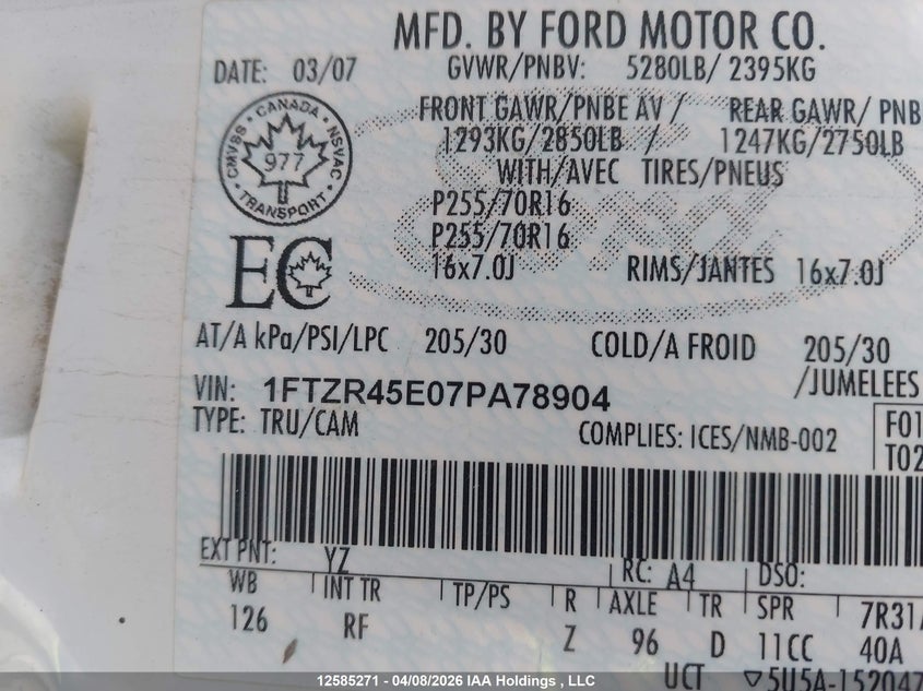 2007 Ford Ranger Super Cab VIN: 1FTZR45E07PA78904 Lot: 12585271