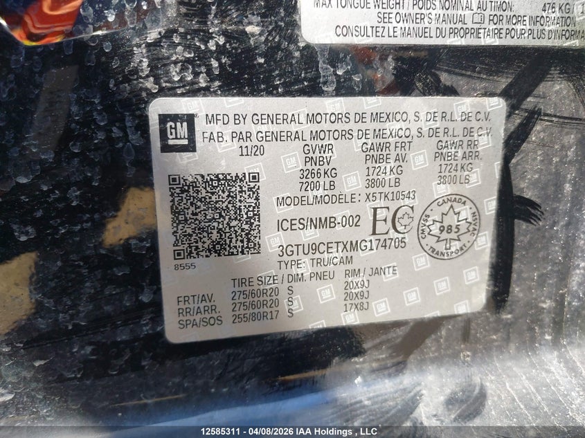 2021 GMC Sierra K1500 Elevation VIN: 3GTU9CETXMG174705 Lot: 12585311