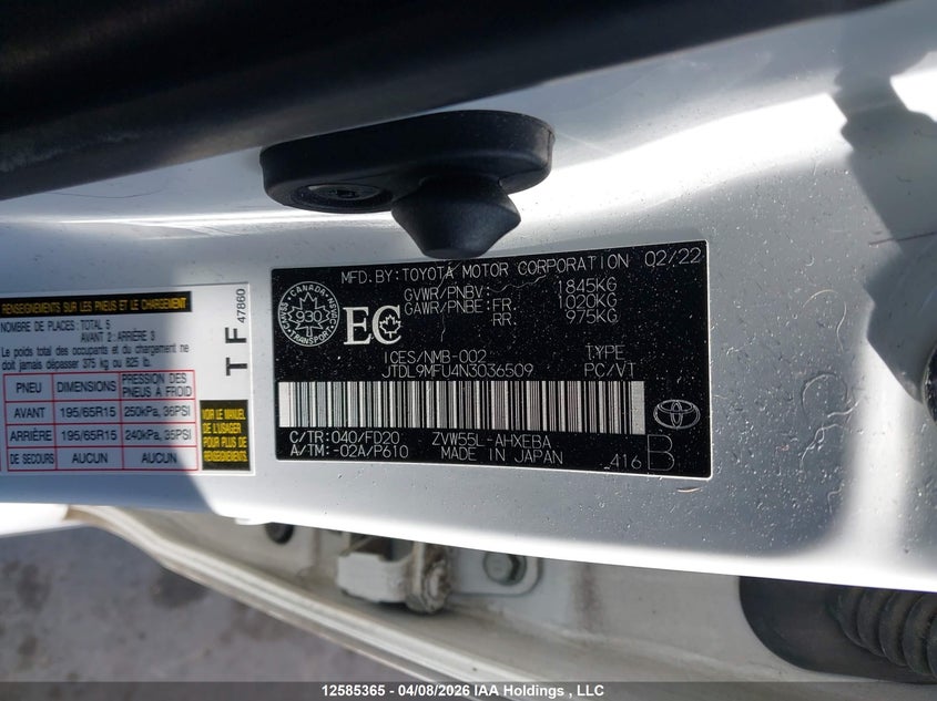 2022 Toyota Prius VIN: JTDL9MFU4N3036509 Lot: 12585365