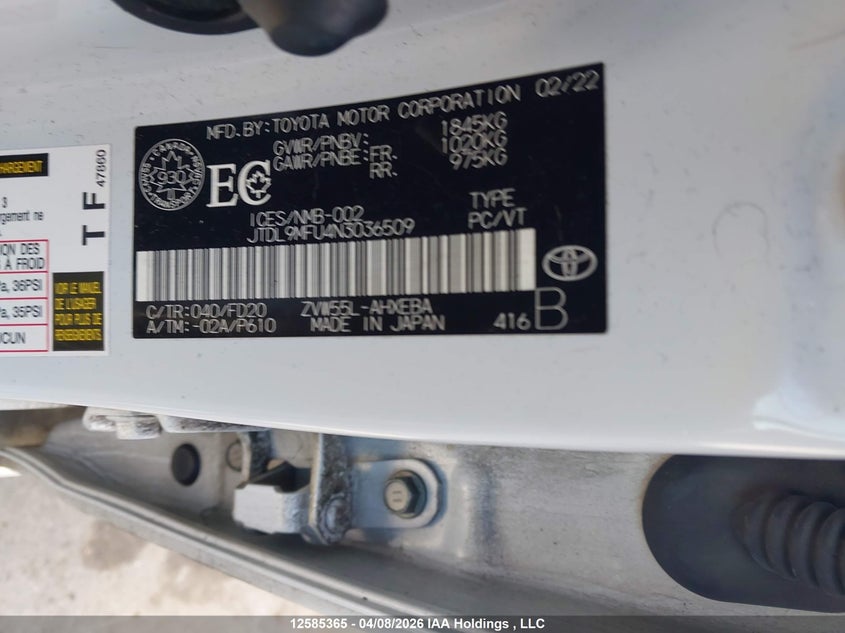 2022 Toyota Prius VIN: JTDL9MFU4N3036509 Lot: 12585365