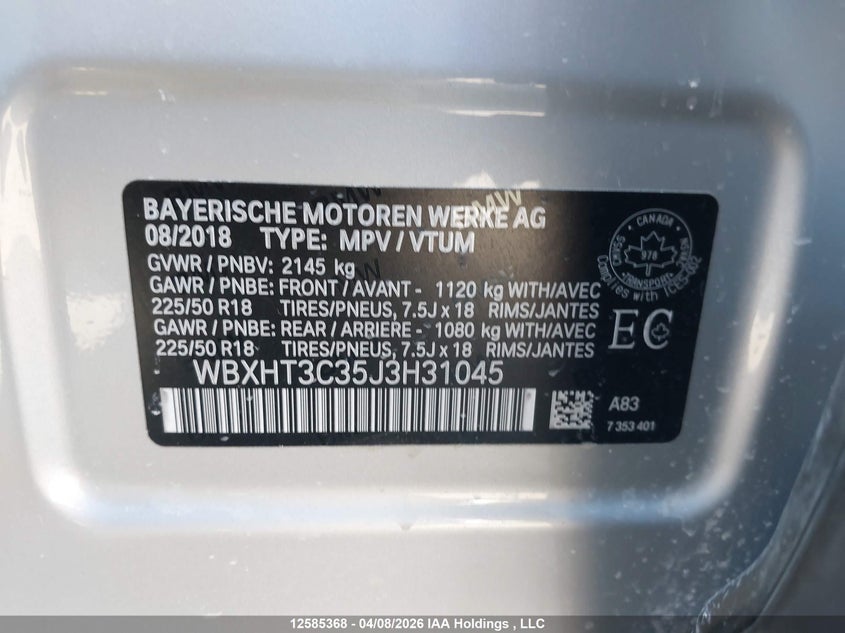 2018 BMW X1 xDrive28I VIN: WBXHT3C35J3H31045 Lot: 12585368