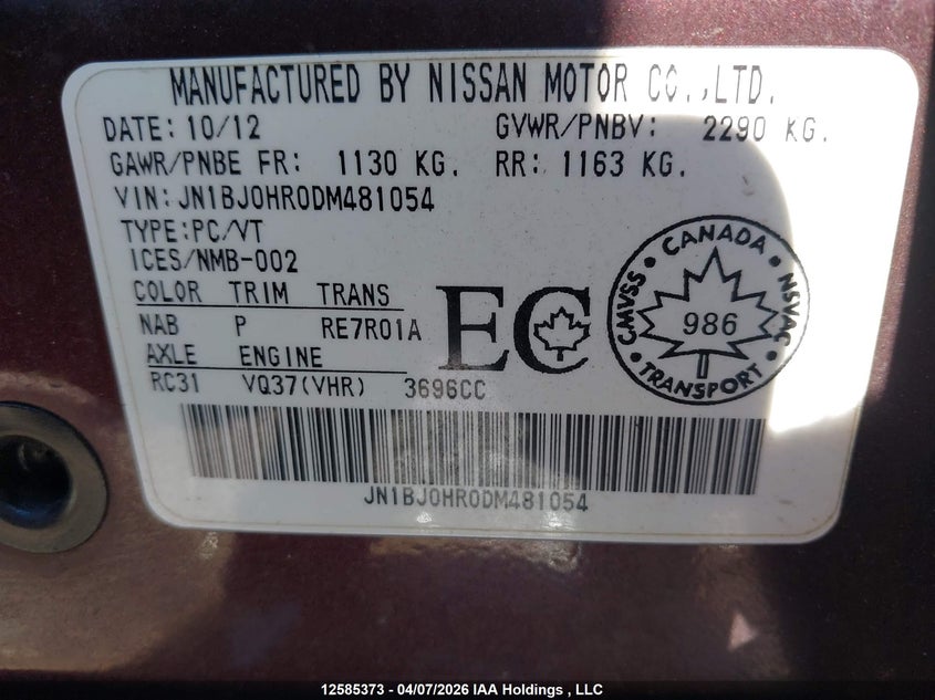 2013 Infiniti Ex37 Journey VIN: JN1BJ0HR0DM481054 Lot: 12585373