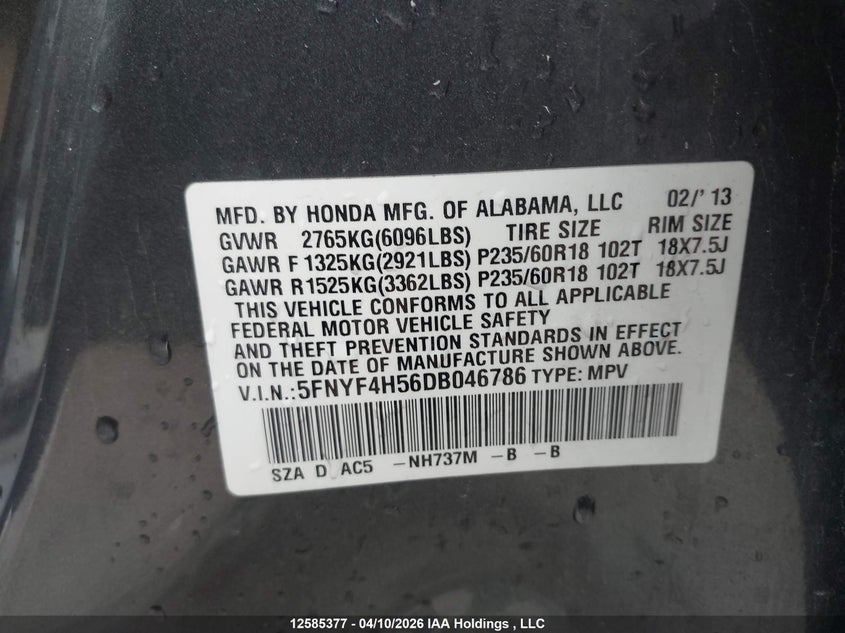 2013 Honda Pilot VIN: 5FNYF4H56DB046786 Lot: 12585377