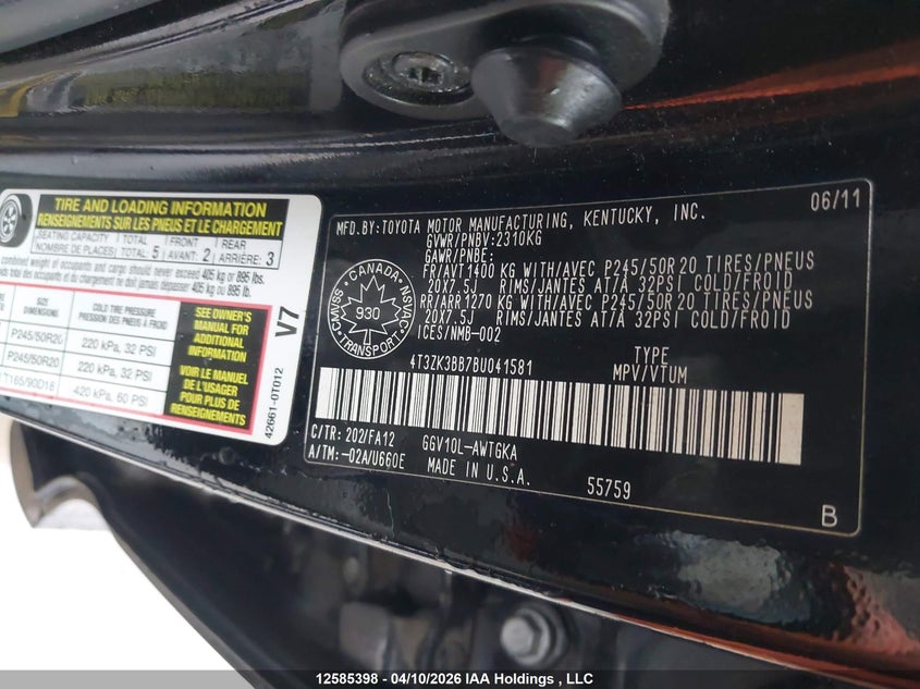 2011 Toyota Venza VIN: 4T3ZK3BB7BU041581 Lot: 12585398