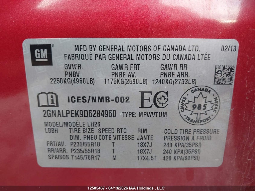 2013 Chevrolet Equinox 2Lt VIN: 2GNALPEK9D6284960 Lot: 12585467