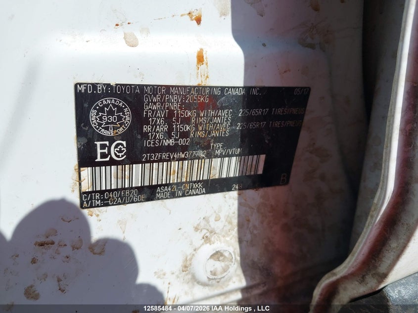 2017 Toyota Rav4 VIN: 2T3ZFREV4HW377792 Lot: 12585484