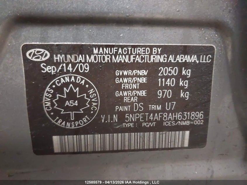 2010 Hyundai Sonata VIN: 5NPET4AF8AH631896 Lot: 12585579