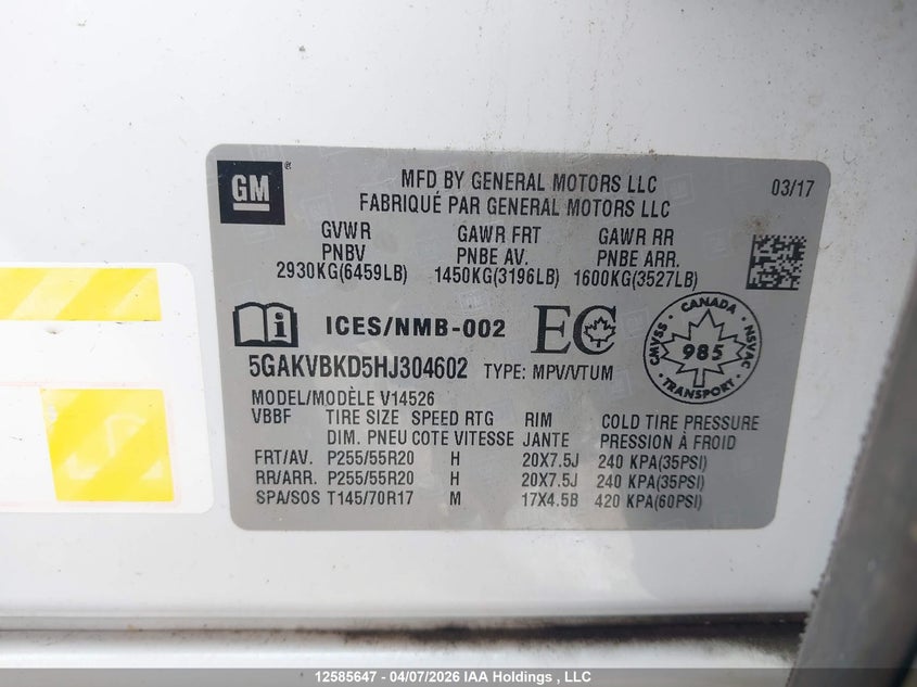 2017 Buick Enclave VIN: 5GAKVBKD5HJ304602 Lot: 12585647