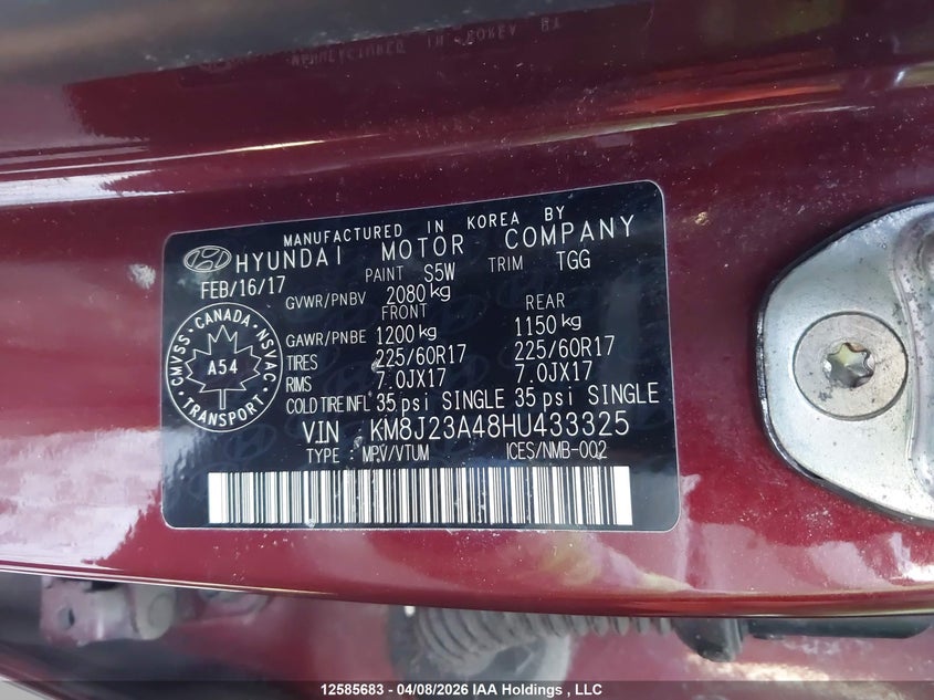 2017 Hyundai Tucson VIN: KM8J23A48HU433325 Lot: 12585683