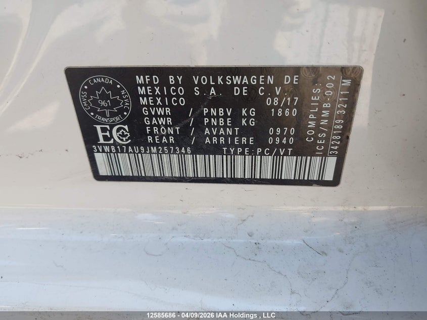 2018 Volkswagen Golf 1.8 Tsi Comfortline/1.8 Tsi Highline/1.8 Tsi Trendline VIN: 3VWB17AU9JM257346 Lot: 12585686