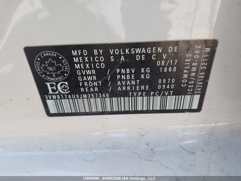 2018 Volkswagen Golf 1.8 Tsi Comfortline/1.8 Tsi Highline/1.8 Tsi Trendline VIN: 3VWB17AU9JM257346 Lot: 12585686