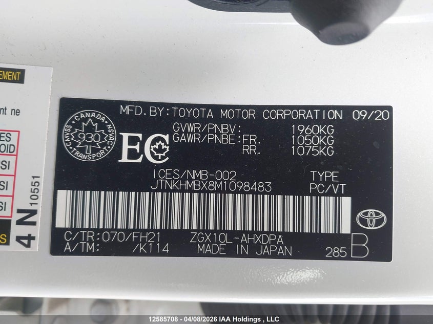 2021 Toyota C-Hr Xle/Le/Night Shade/Limited VIN: JTNKHMBX8M1098483 Lot: 12585708