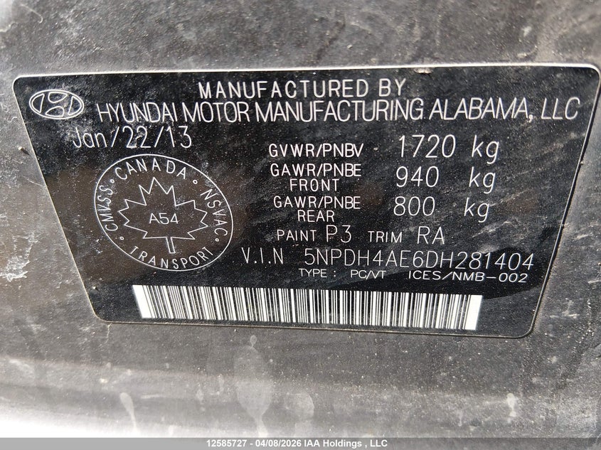 2013 Hyundai Elantra Gl VIN: 5NPDH4AE6DH281404 Lot: 12585727