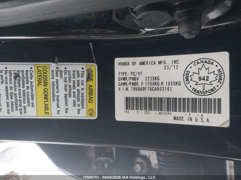 2012 Acura Tl Elite VIN: 19UUA9F76CA803161 Lot: 12585751