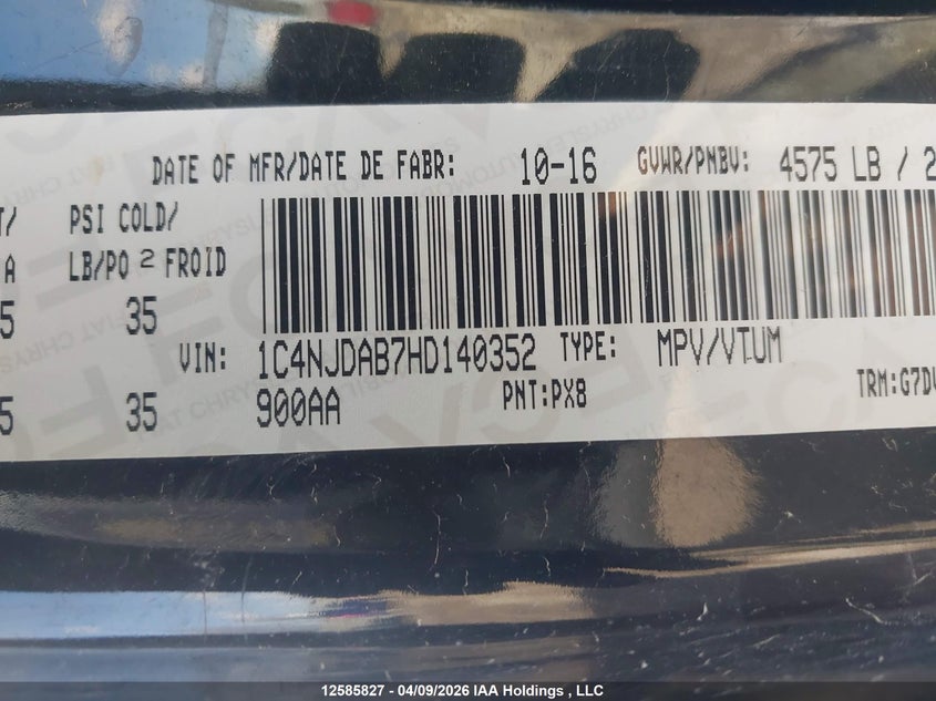 2017 Jeep Compass Sport VIN: 1C4NJDAB7HD140352 Lot: 12585827