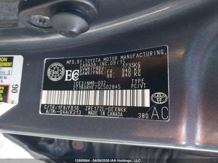 2016 Toyota Corolla VIN: 2T1BURHE7GC502845 Lot: 12585864