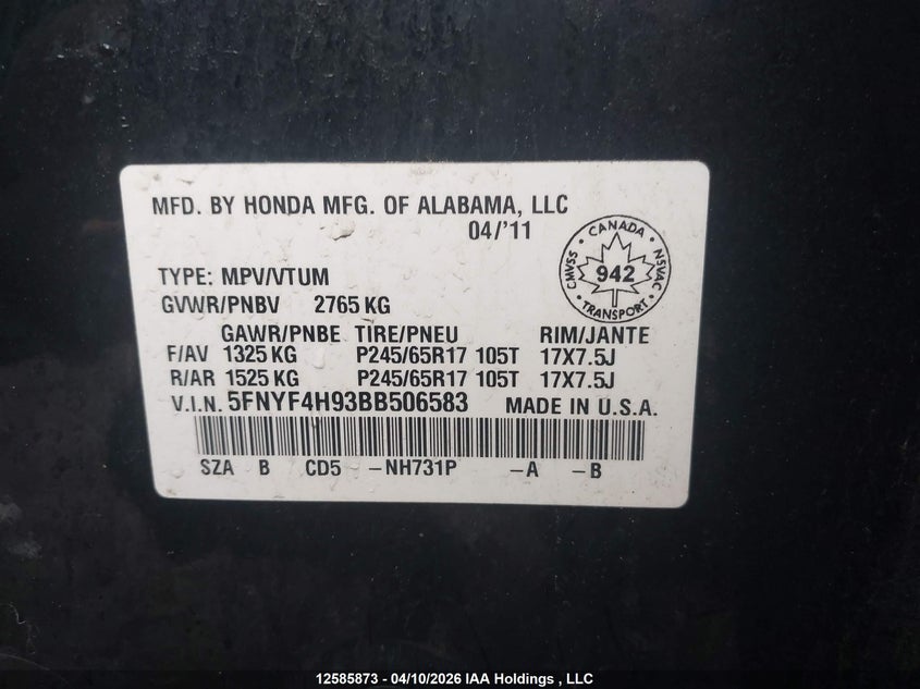 2011 Honda Pilot Touring VIN: 5FNYF4H93BB506583 Lot: 12585873