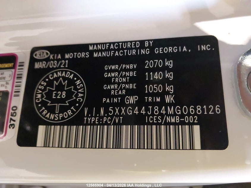2021 Kia K5 Gt VIN: 5XXG44J84MG068126 Lot: 12585904