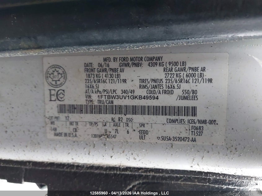 2016 Ford Transit T-350 VIN: 1FTBW3UV1GKB49594 Lot: 12585960