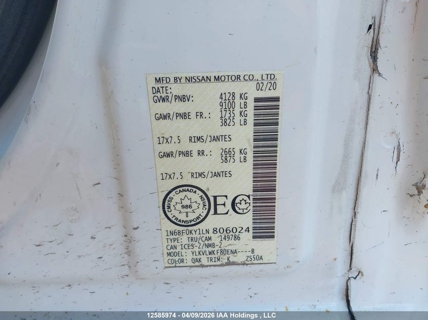 2020 Nissan Nv 2500 S/2500 Sv VIN: 1N6BF0KY1LN806024 Lot: 12585974