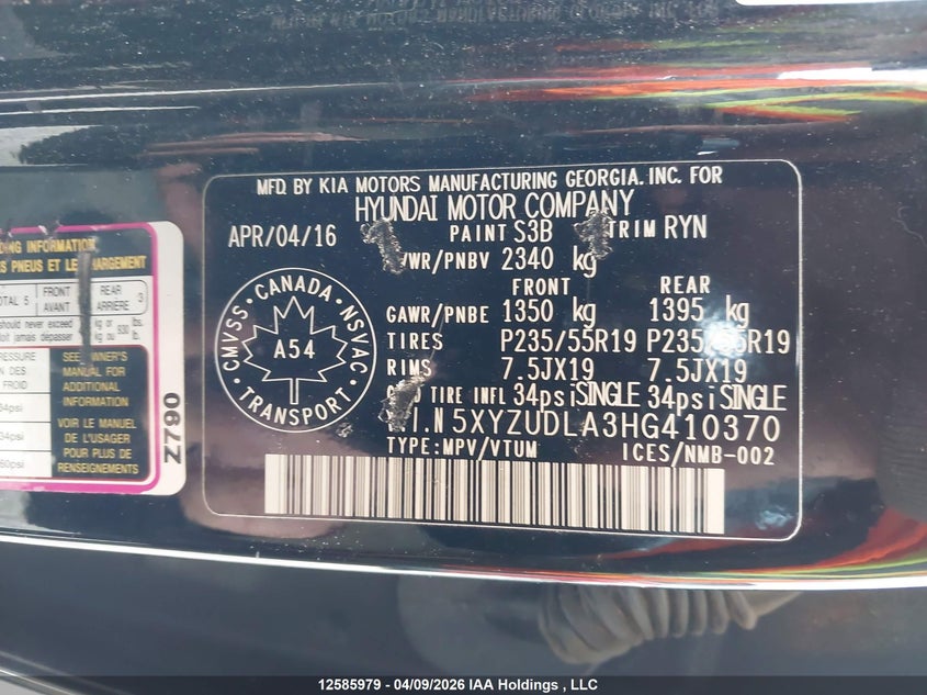 2017 Hyundai Santa Fe Sport 2.0T Se VIN: 5XYZUDLA3HG410370 Lot: 12585979