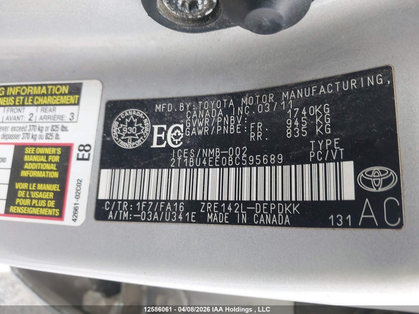 2011 Toyota Corolla S/Le VIN: 2T1BU4EE0BC595689 Lot: 12586061