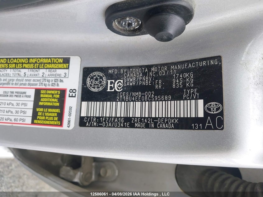 2011 Toyota Corolla S/Le VIN: 2T1BU4EE0BC595689 Lot: 12586061