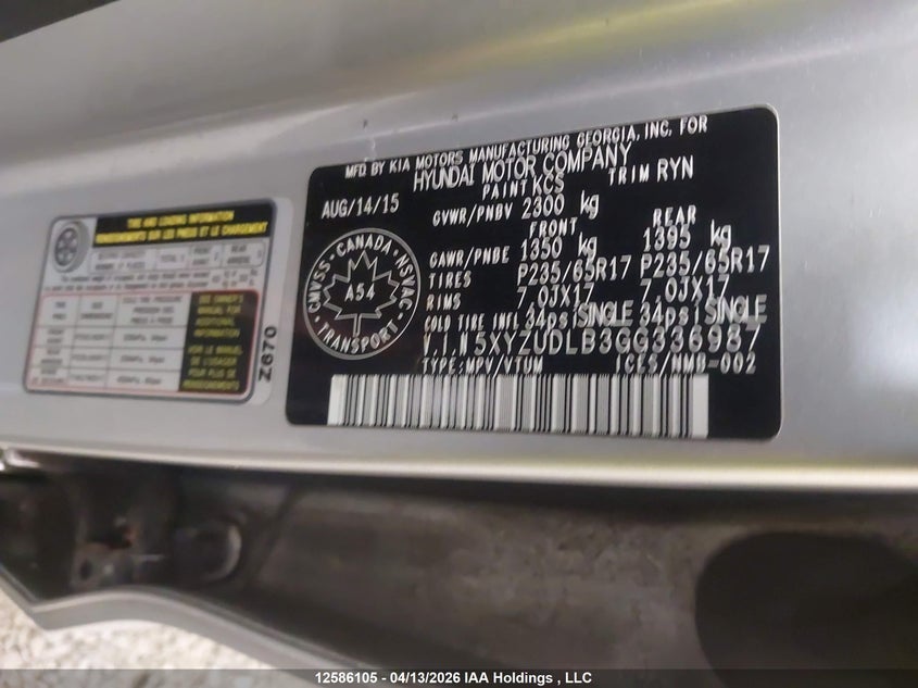 2016 Hyundai Santa Fe Sport VIN: 5XYZUDLB3GG336987 Lot: 12586105