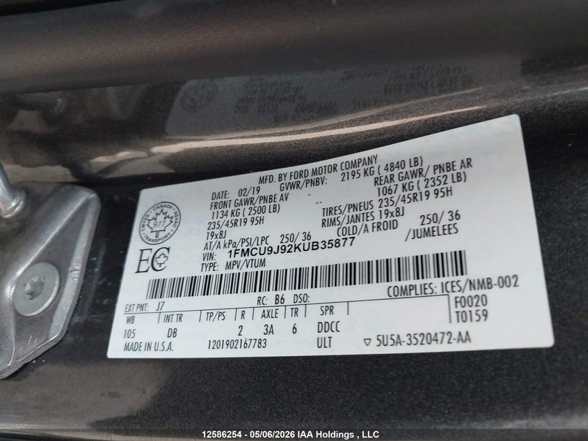 2019 Ford Escape Titanium VIN: 1FMCU9J92KUB35877 Lot: 12586254