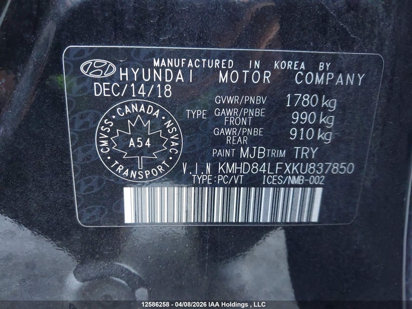 2019 Hyundai Elantra Sel/Value/Limited VIN: KMHD84LFXKU837850 Lot: 12586258