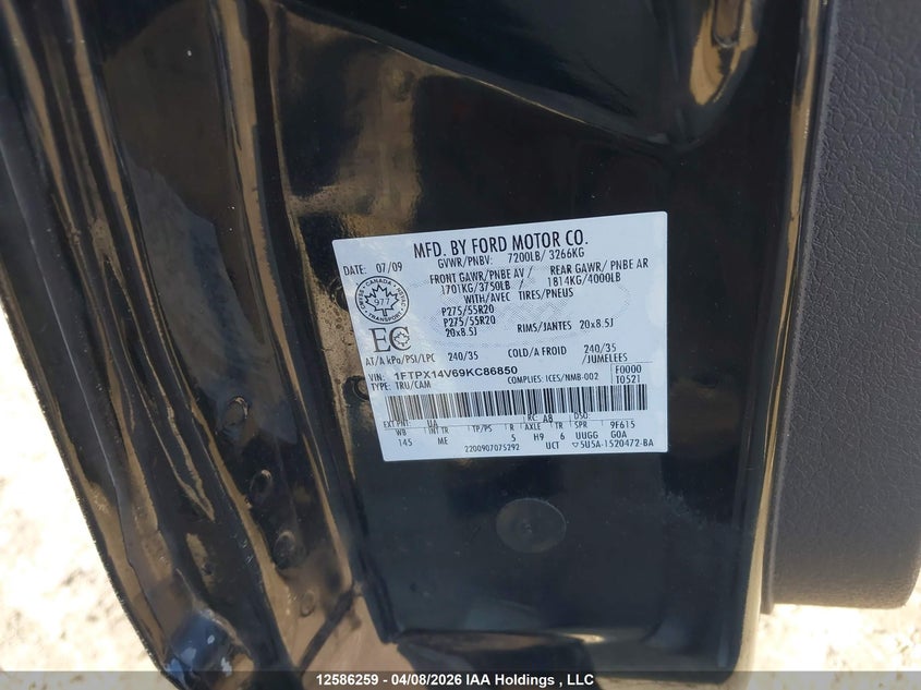 2009 Ford F-150 Lariat/Xl/Xlt VIN: 1FTPX14V69KC86850 Lot: 12586259