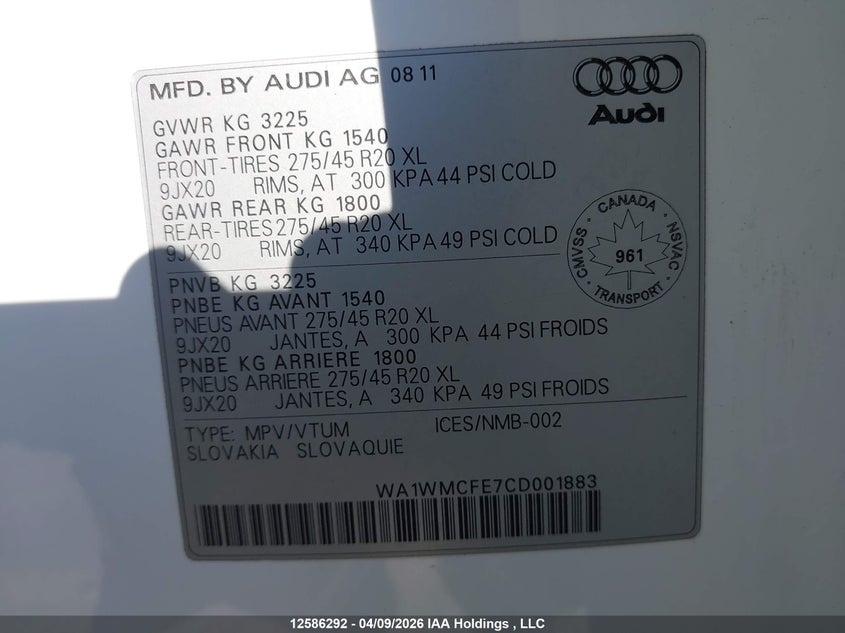2012 Audi Q7 Prestige VIN: WA1WMCFE7CD001883 Lot: 12586292