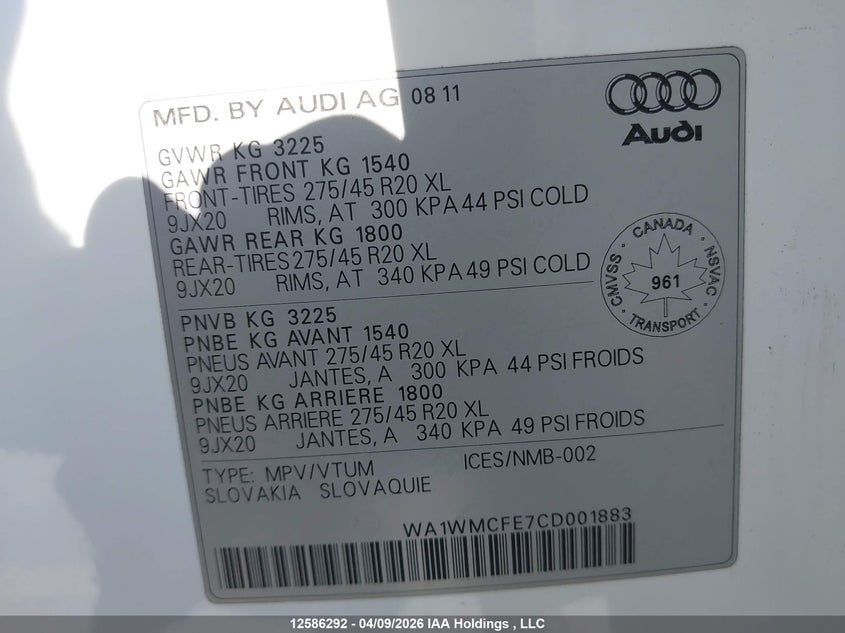 2012 Audi Q7 Prestige VIN: WA1WMCFE7CD001883 Lot: 12586292